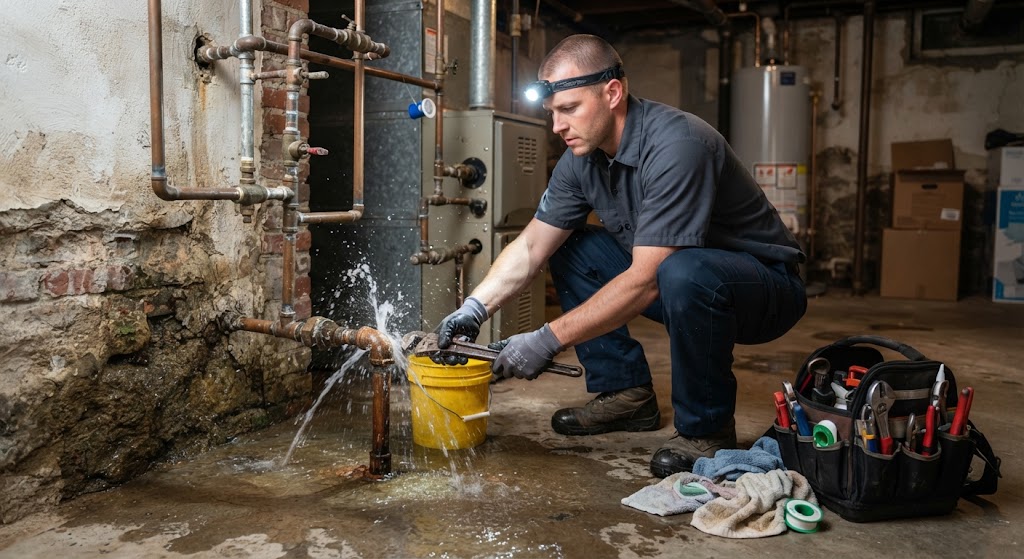 Active water leak from a burst pipe causing residential flooding