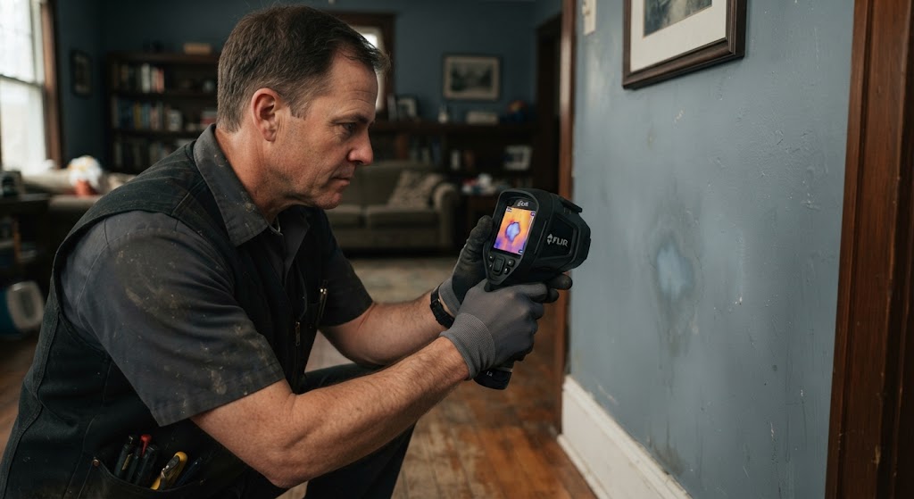 Professional leak detection technician using acoustic equipment in Sayreville home