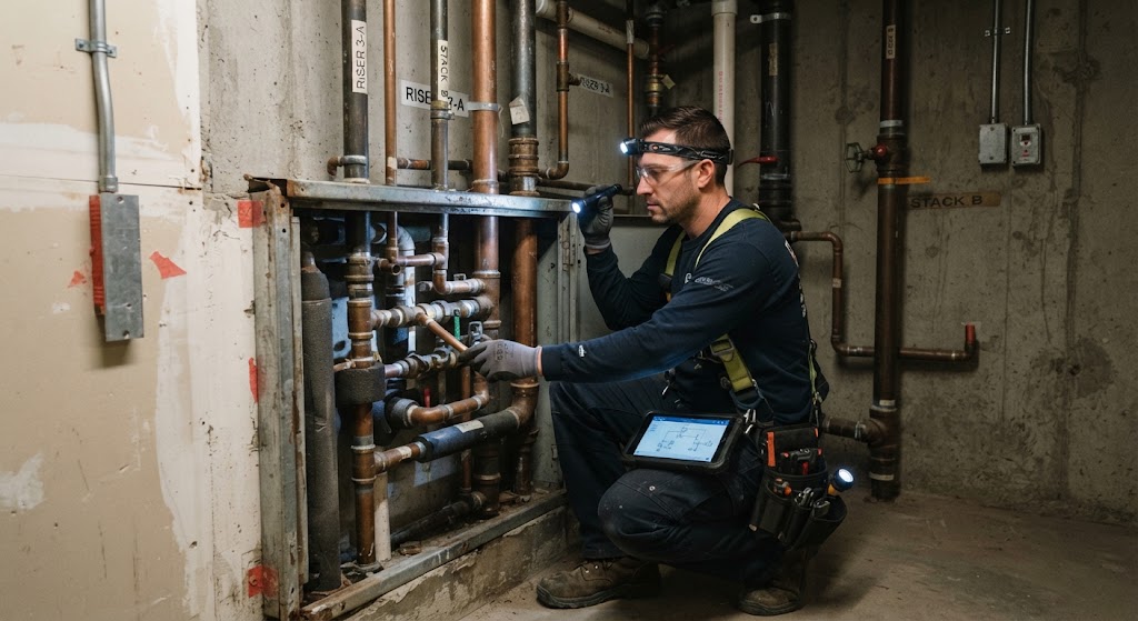 Homeowner turning off the main water shut-off valve during an emergency