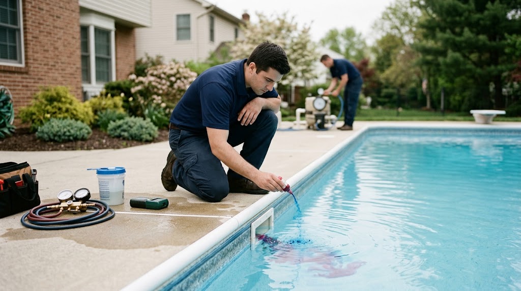 Pool leak detection technician examining a skimmer basket in Sayreville