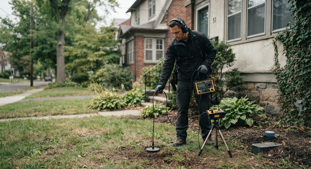 Technician using electronic pipe locating equipment in a Sayreville yard